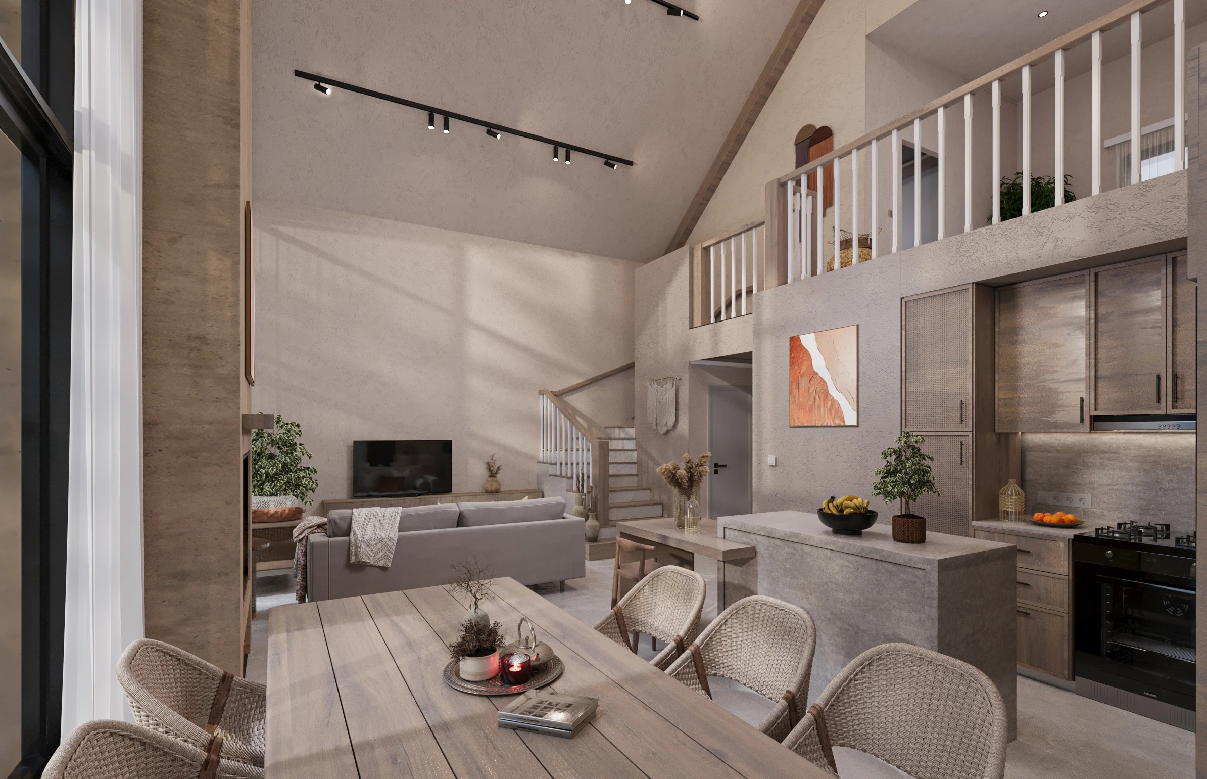 ### Space, light & comfort
Step through the doors and you’re greeted by a soaring double-height living area that immediately sets the tone: open, elegant, and effortlessly bright. The space flows from a sleek, modern kitchen into a cozy dining area and lounge — all anchored by panoramic views that bring the outdoors in.
With its expansive glass façade, high ceilings, and refined material palette, this home radiates effortless elegance while prioritizing functionality and energy efficiency. The Kenmare is a 3-bedroom, 4-bathroom architectural masterpiece designed to blend contemporary luxury with natural surroundings seamlessly. The Kenmare offers expansive living spaces, premium finishes, and a thoughtfully designed open-concept layout that maximizes function and aesthetics.